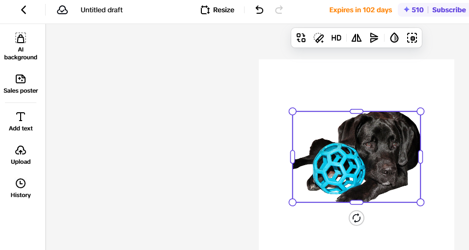 CapCut Commerce Pro editing a product image for mobile eCommerce, featuring a black Labrador with a blue dog toy.